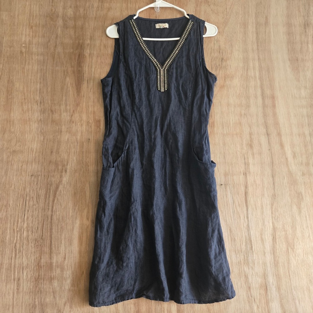 Lina Tomei Italy Navy Blue Linen Beaded V-Neck Sleeveless Pocket Dress Medium